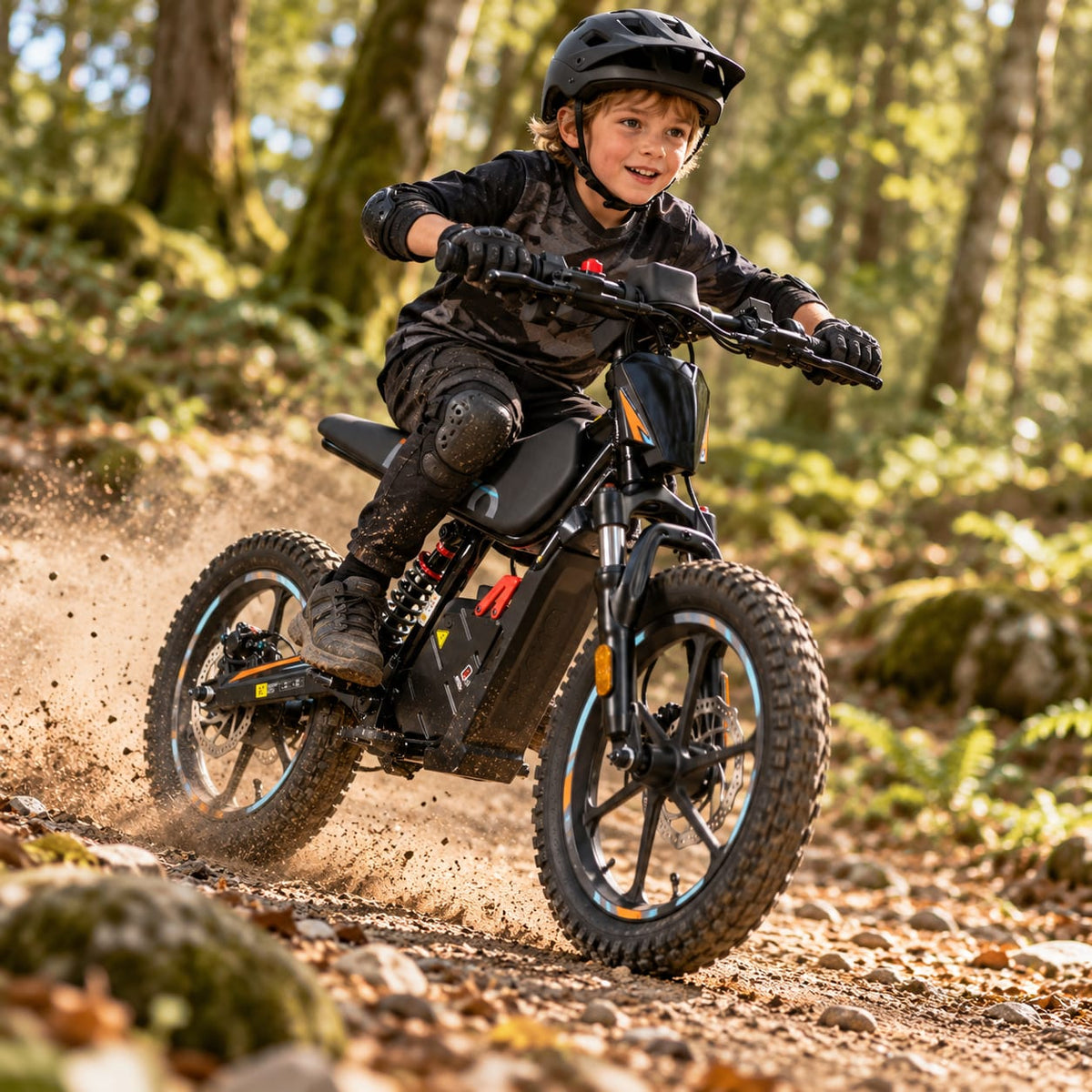 Child riding a black Kayo eKB-M16 on a dusty trail — source: Kyro Bikes
