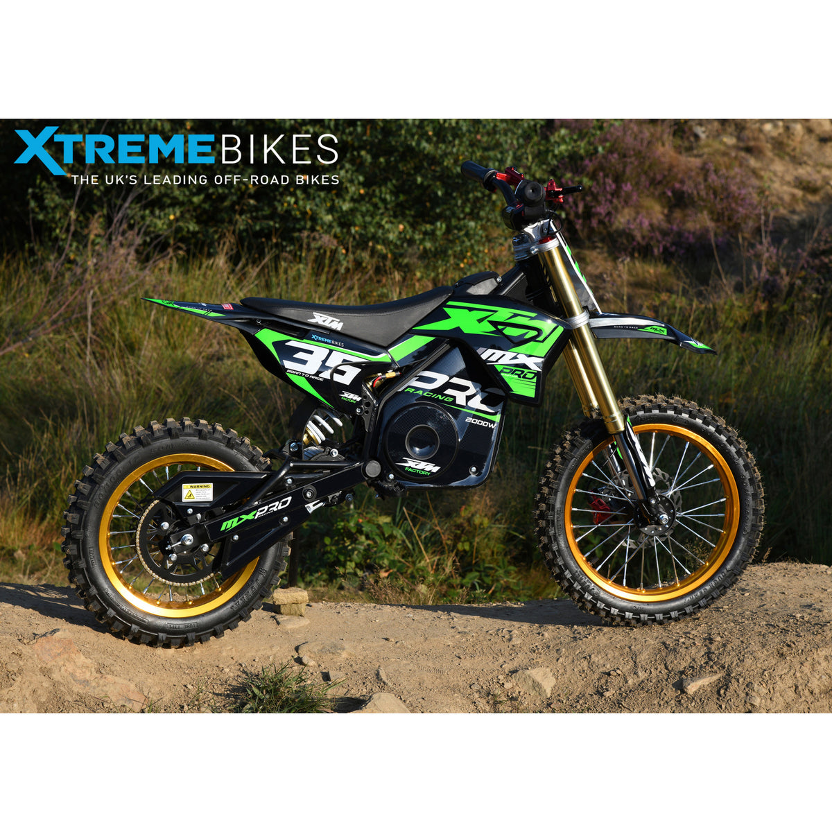 MX1 XTM MXPRO 60V 2000W Lithium Electric Dirt Bike Big 14/12" Gold Wheel