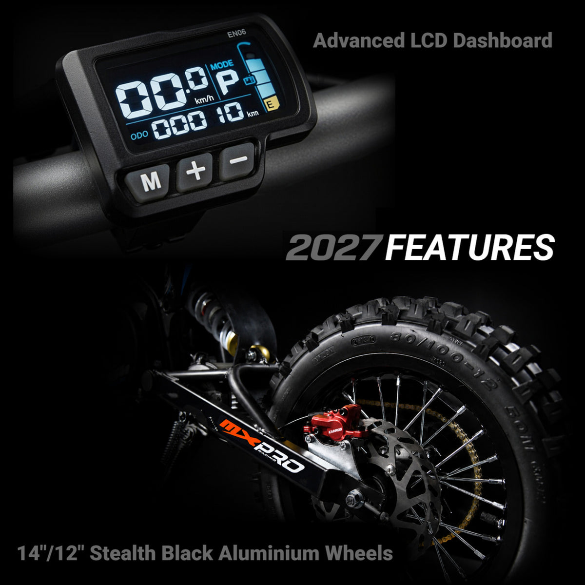 MX1 XTM MXPRO 60V 2000W Lithium Electric Dirt Bike Big 14/12" Black Wheel